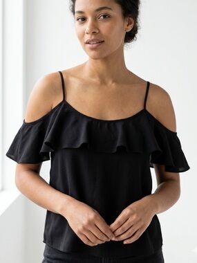 Victoria’s Secret Black Off-Shoulder Satin Ruffle Top - Spaghetti Strap Blouse